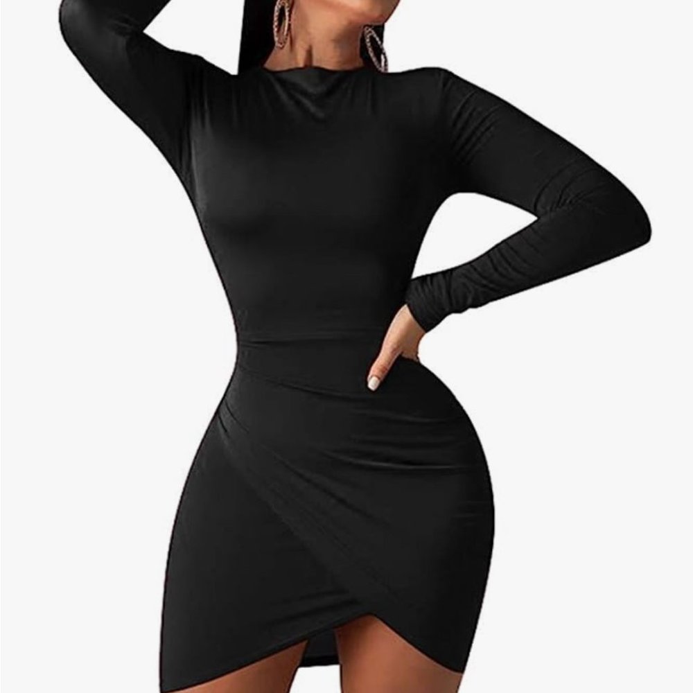 Women's Wrap Front Long Sleeve Ruched Bodycon Mini Club Dress